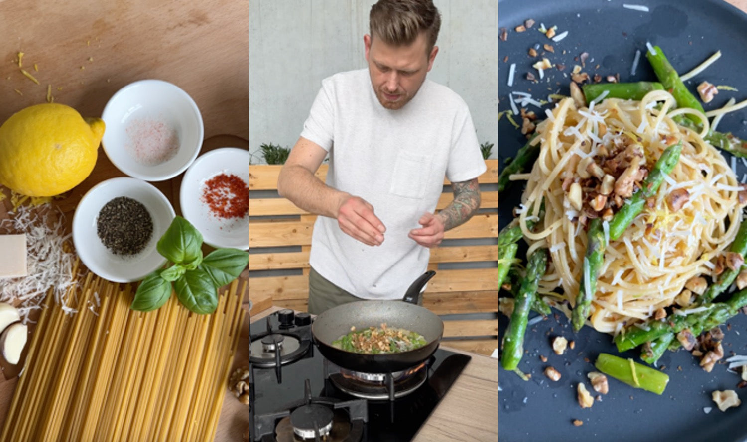 Vegane Pasta mit grünem Spargel und Walnüssen – LiveFresh