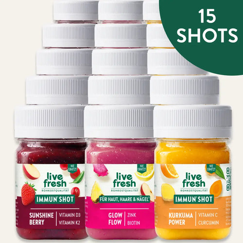 Fünfzehn LiveFresh Shots in drei Sorten als Produktübersicht. Hinweis im Bild: „15 SHOTS“.