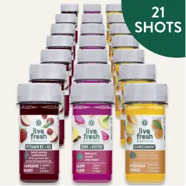 Einundzwanzig LiveFresh Shots mit Vitamin D3 + K2, Zink + Biotin und Curcumin. Hinweis im Bild: „21 SHOTS“.