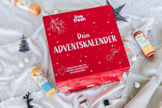 Adventskalender von LiveFresh in Rotem Karton mir Säften und Shots.