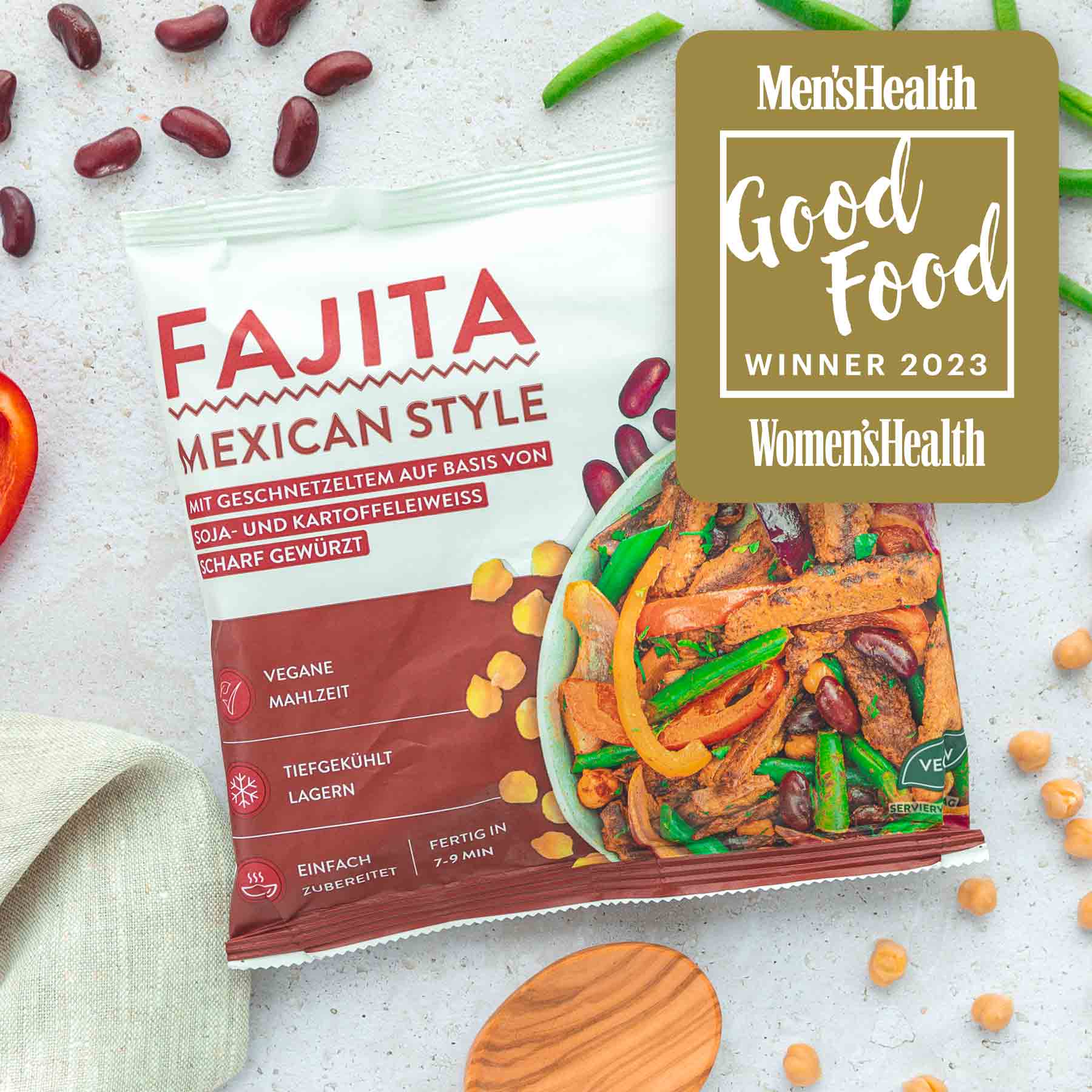 Die Fajita Bowl mit dem Badge des Good Food Awards von 2023 der Mens und Womens Health den die Bowl gewonnen hat.