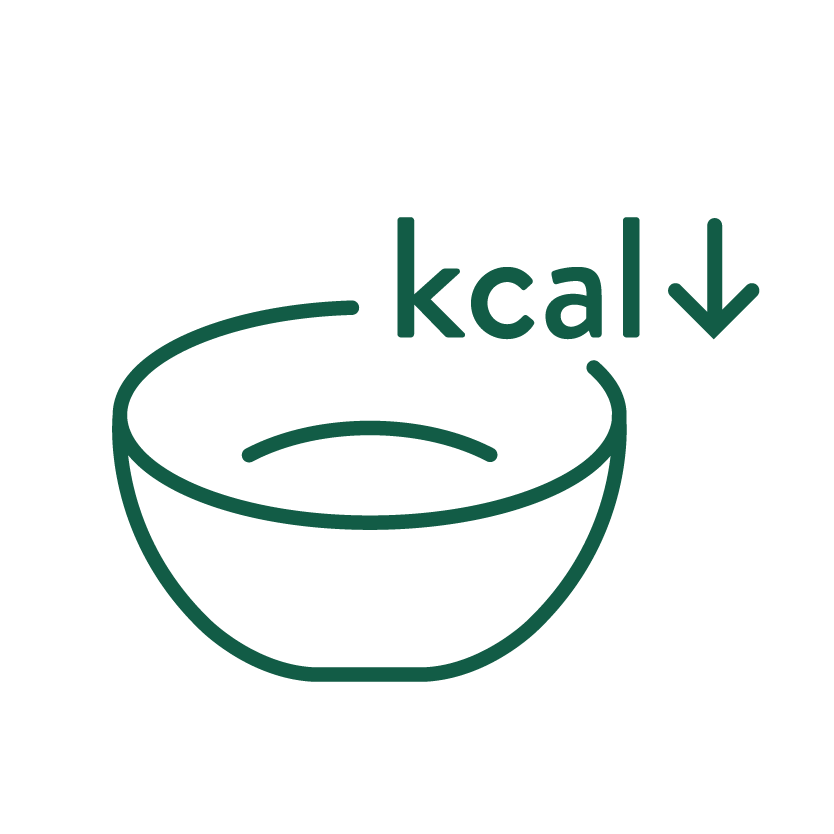 Eine grüne Grafik mit einer Schüssel und der Aufschrift kcal mit einem Pfeil der nach unten zeigt. Es steht dafür, dass das Produkt weniger Kalorien enthält als vergleichbare Produkte.
