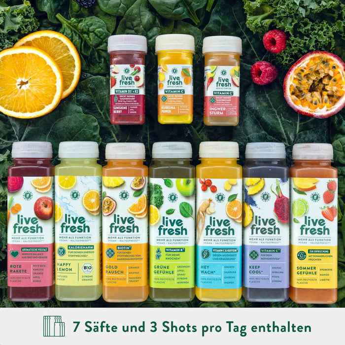 Eine Auswahl von Live Fresh Säften und Shots, die in einer Saftkur enthalten sind. Die Saftkur umfasst sieben Säfte und drei Shots pro Tag, darunter Sorten wie "Rote Rakete", "Happy Lemon", "Goldrausch", "Grüne Gefühle", "Hey Wach", "Keep Cool" und "Sommergefühle".