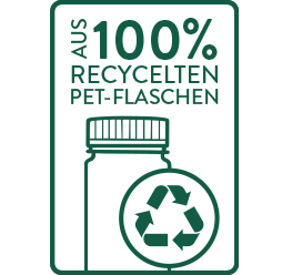 Grünes Nachhaltigkeitssiegel mit der Aufschrift „Aus 100% recycelten PET-Flaschen“, darunter eine gezeichnete Flasche mit Recycling-Symbol im Vordergrund.