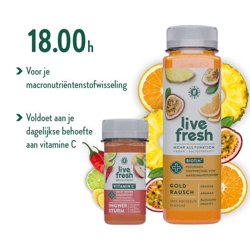 Een LiveFresh Shot Ginger Storm en een grote fles sap genaamd Goldrausch, met op de achtergrond vers fruit zoals sinaasappel, ananas en passievrucht. De groene tekst benadrukt het tijdstip van consumptie, 18 uur,  evenals de ondersteuning van de stofwisseling en het vitamine C-gehalte.
