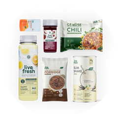 Auswahl an LiveFresh-Produkten – darunter Saft, Shot, Trinkmahlzeit, Porridge und veganes Chili, dargestellt als kompaktes Bundle.