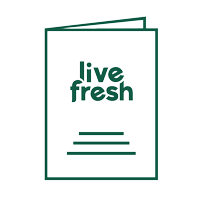 Grünes Icon einer Broschüre mit Livefresh-Logo, das auf einen beigefügten Foodkur- oder Saftkur-Guide hinweist.