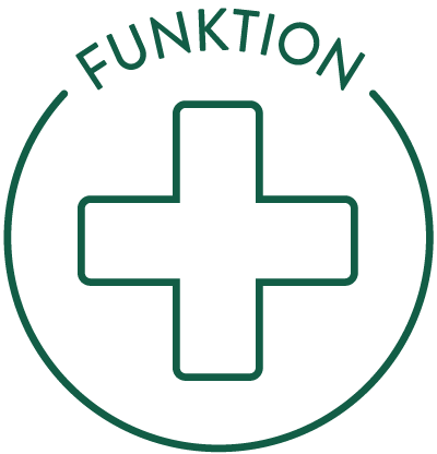 Grünes Icon mit einem Pluszeichen in einem Kreis und dem Schriftzug „Funktion“ darüber, symbolisiert funktionelle Lebensmittel mit gesundheitlichem Mehrwert.