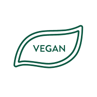 Grünes Symbol in Blattform mit der Aufschrift VEGAN, das auf pflanzliche Zutaten hinweist.