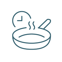 Grünes Symbol einer dampfenden Pfanne mit einer Uhr im Hintergrund, das auf eine schnelle Zubereitungszeit hinweist.