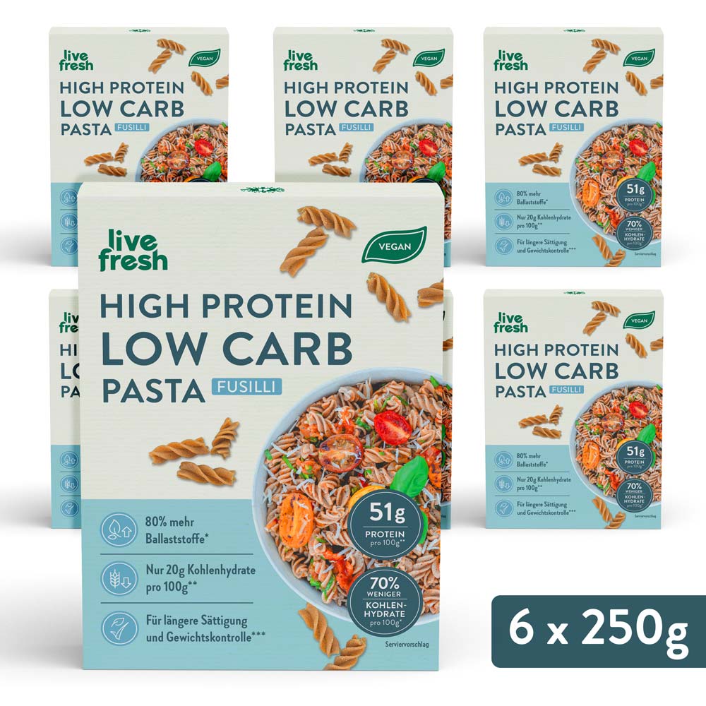 Sechserpackung der Live Fresh High Protein Low Carb Pasta Fusilli, hervorhebend die Menge und Verpackungsdesign.