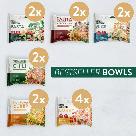 Live Fresh Office Box mit verschiedenen Fertiggerichten unter dem Titel "BESTSELLER BOWLS". Enthalten sind High Protein Pasta. Fajita Mexican Style. High Protein Rice. Gemüse Chili. Kurkuma Curry und High Protein Curry in unterschiedlichen Mengen.