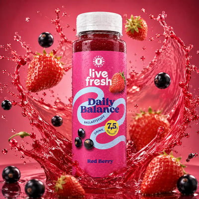 Eine Flasche des Ballaststoffdrinks Daily Balance in der Sorte Red Berry vor rotem Hintergrund. Um die Flasche ein roter Saft-Splash mit frischen Erdbeeren und Johannisbeeren