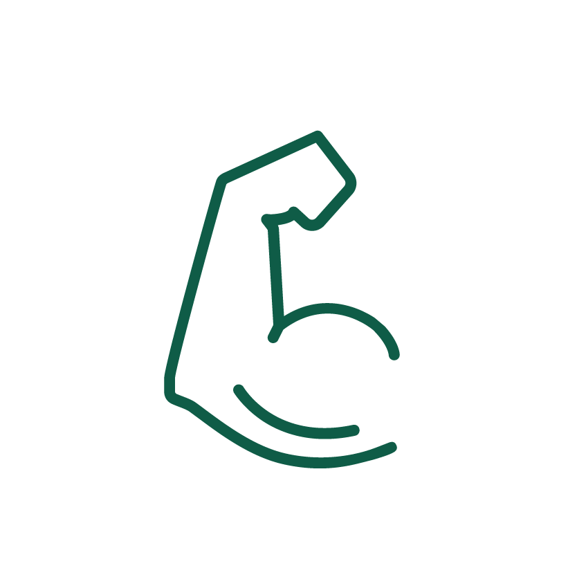 Grünes Symbol eines gebeugten Arms mit Fokus auf den Bizepsmuskel, das auf einen hohen Proteingehalt hinweist.