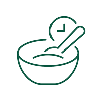Grünes Symbol einer Schüssel mit Löffel und einer Uhr im Hintergrund, das auf eine schnelle und einfache Zubereitung hinweist.