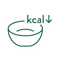 Grünes Icon mit einer Schüssel und dem Schriftzug "kcal" sowie einem Pfeil nach unten, das auf einen niedrigen Kaloriengehalt hinweist.