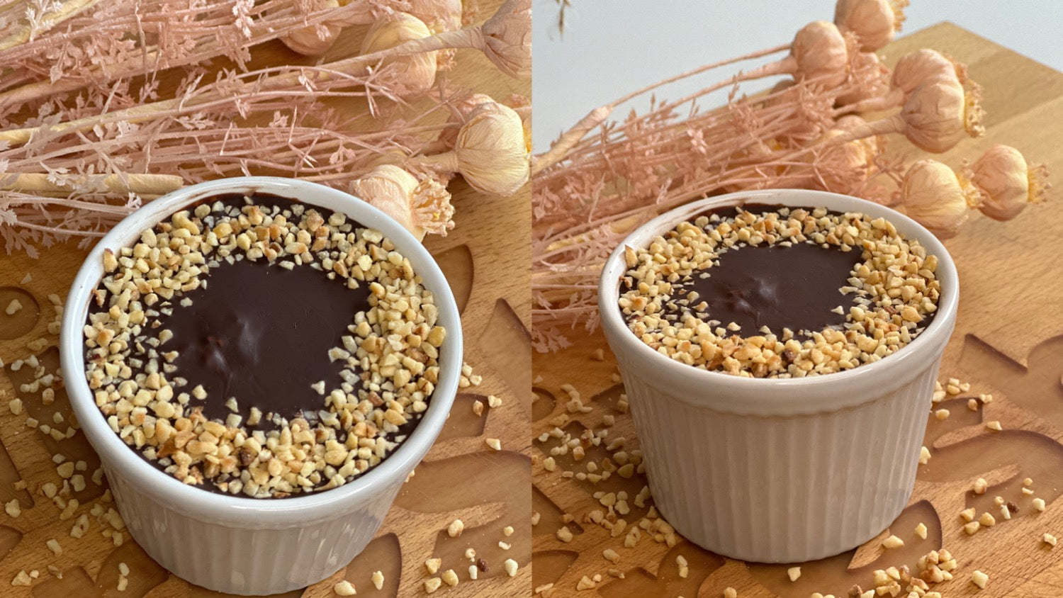 Zwei Aufnahmen von Ferrero Rocher Desserts in weißen Ramekins, garniert mit Schokoladenglasur und gehackten Nüssen auf einem Holzuntergrund, ideal für eine süße und nussige Nachspeise.