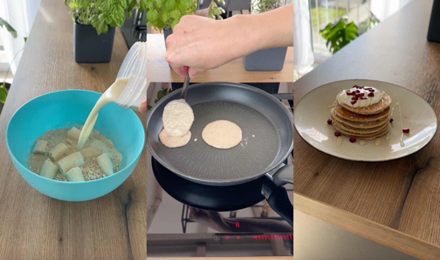 Drei Schritte zur Zubereitung gesunder Pancakes: Zutaten in einer blauen Schüssel, Teigportionen, die in einer Pfanne braten, und der fertige Stapel Pancakes mit Joghurt und Granatapfelkernen garniert auf einem Teller.