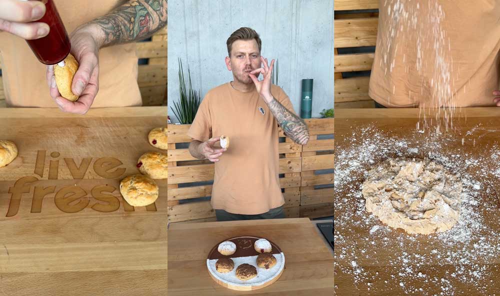 Drei Bilder zeigen die Zubereitung von Krapfen: Ein Teigballen wird mit Mehl bestäubt, Krapfen werden mit roter Marmelade gefüllt, und schließlich wird Puderzucker auf die fertigen Krapfen gesiebt.