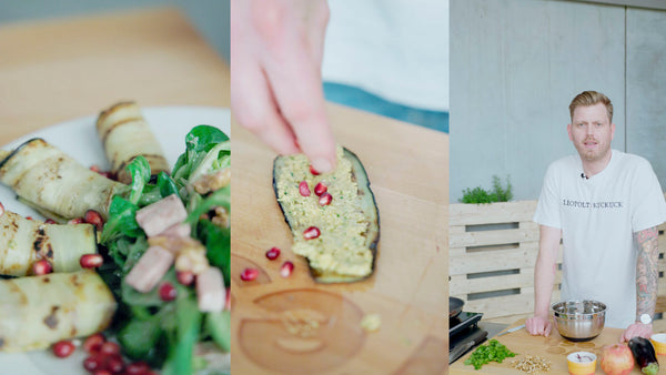 Vegane georgische Badridschani an Feldsalat mit Granatapfel- und Walnusskernen