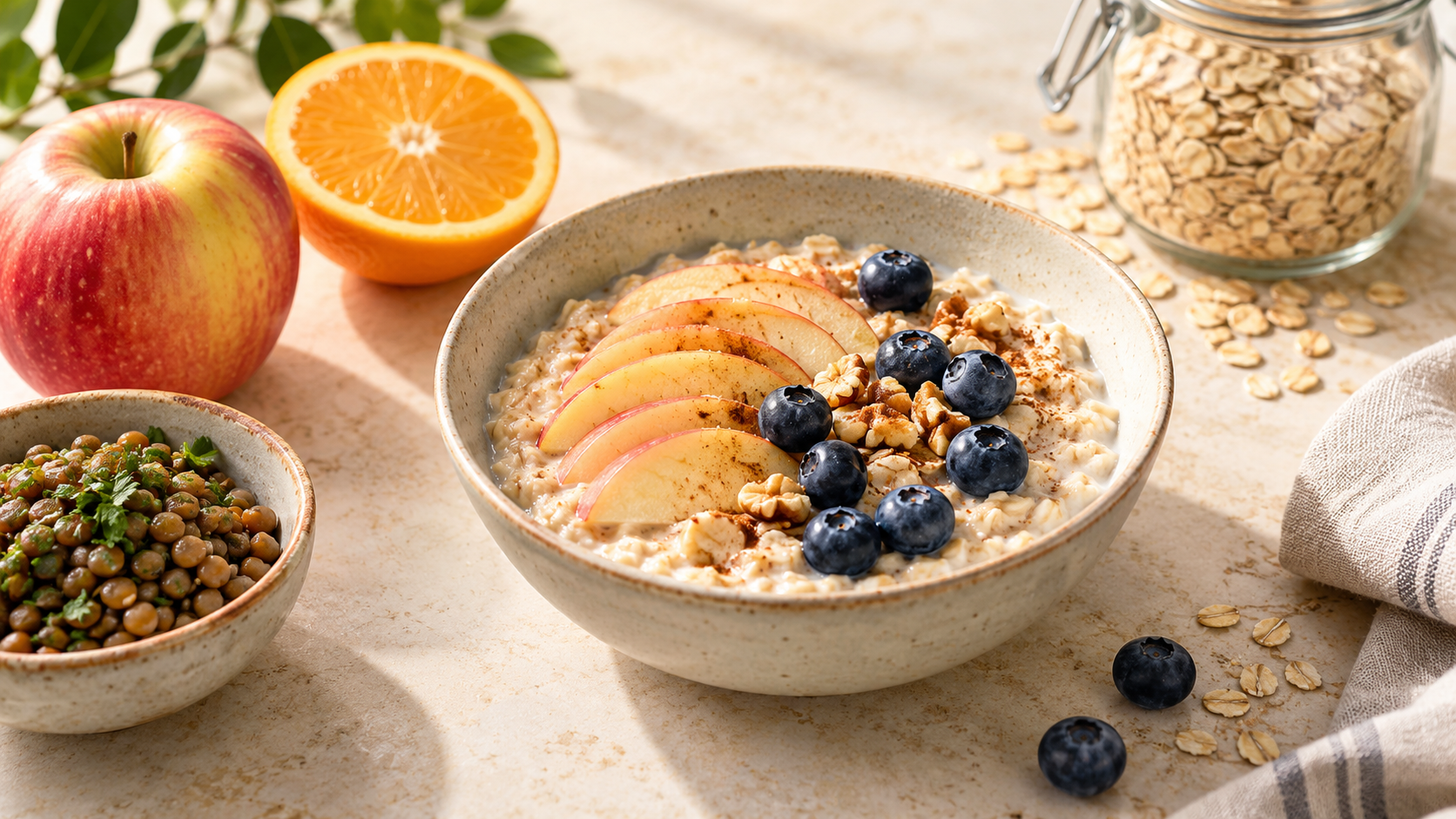 Haferbrei mit Apfel und Beeren, daneben Orange, Haferflocken und Linsen als Lebensmittel mit löslichen Ballaststoffen