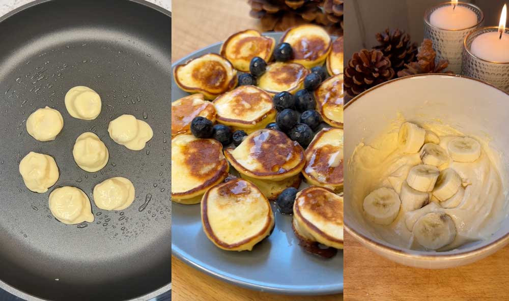 Drei Schritte zur Herstellung von Bananen Pancakes: Teig wird in einer Pfanne gebacken, fertige Pancakes stapeln sich auf einem Teller mit Blaubeeren und eine Schüssel mit Bananen in Sahne neben brennenden Kerzen.