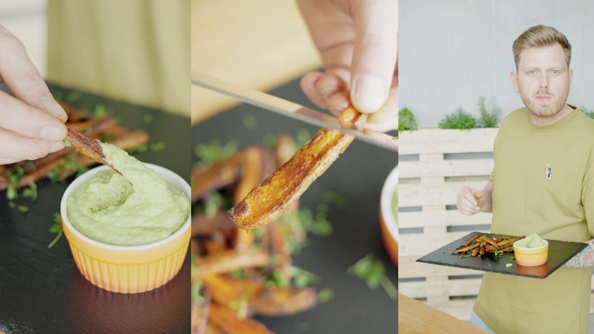 Vegane knusprige Süßkartoffel Pommes mit Avocado-Dip