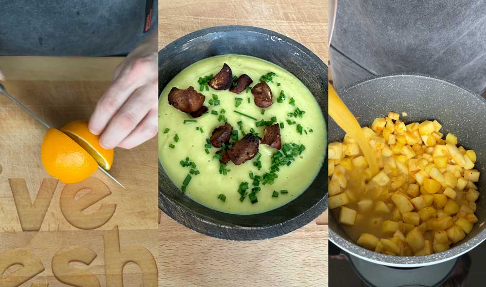 Prozess der Zubereitung einer Sellerie-Suppe: Schneiden einer Orange, cremige Sellerie-Suppe garniert mit knusprigen Chorizo-Stücken und gehacktem Schnittlauch, Gemüsewürfel werden in einem Topf mit Brühe gegart.