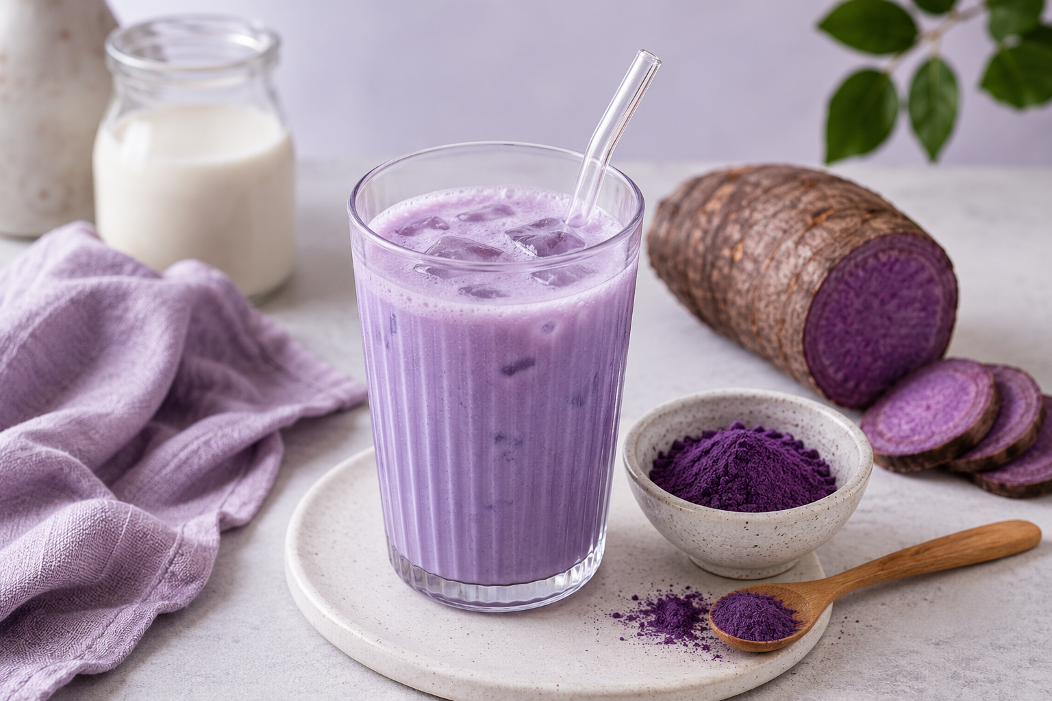 Ube Latte mit lila Ube-Pulver und aufgeschnittener violetter Ube-Yamswurzel