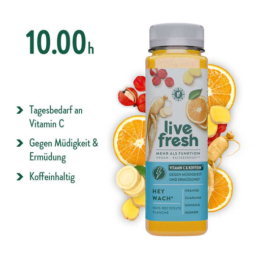 Zeigt das „Hey Wach“-Getränk von „Live Fresh“ für 10:00 Uhr. Es deckt den Vitamin-C-Bedarf, bekämpft Müdigkeit und enthält Koffein.