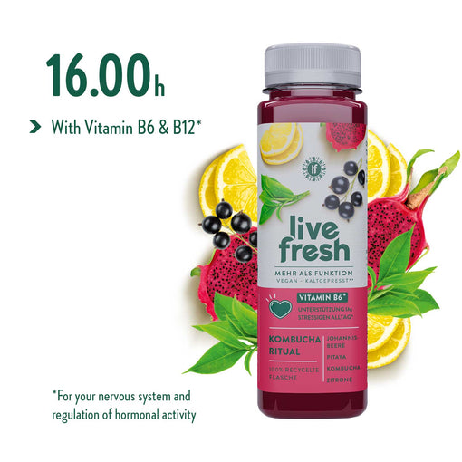LiveFresh kombucha drink with dragon fruit, lemon, and berries, featuring Vitamin B6 and B12 for stress support at 4 p.m.