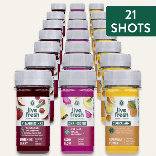 Einundzwanzig LiveFresh Shots mit Vitamin D3 + K2, Zink + Biotin und Curcumin. Hinweis im Bild: „21 SHOTS“.