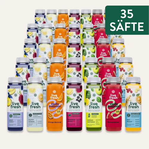 Fünfunddreißig LiveFresh Säfte in verschiedenen Sorten und Farben. Hinweis im Bild: „35 SÄFTE“.