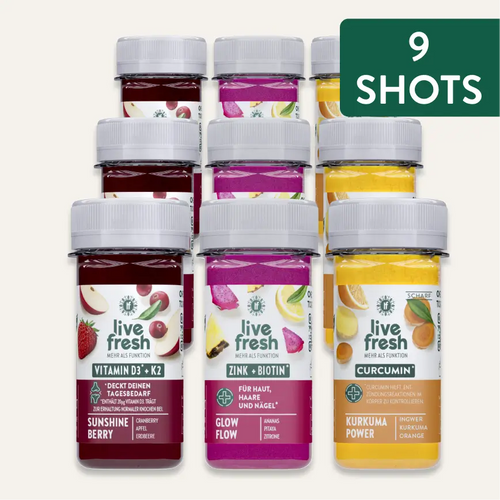 Neun LiveFresh Shots mit den Sorten Vitamin D3 + K2, Zink + Biotin und Curcumin. Hinweis im Bild: „9 SHOTS“.