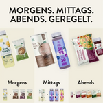Grafik mit der Überschrift Morgens Mittags Abends Geregelt zeigt eine strukturierte Tagesübersicht mit Live Fresh Produkten für jede Mahlzeit. Abgebildet sind morgens ein Happy Lemon Getränk und Porridge mittags ein Slim Shake und Skyr Drink sowie abends eine vegane Tikka Masala Mahlzeit mit Shot als Teil eines festen Ernährungsplans.