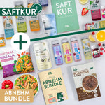 LiveFresh Saftkur und Abnehmbundle mit Säften. Slim Support. Slim Shake. Protein Drinks. Vegan Tikka Masala. Schoko Porridge und dem Guide "4 Tage Abnehm Bundle". Das Motiv trägt zusätzlich die Texte "SAFTKUR" und "ABNEHM BUNDLE".