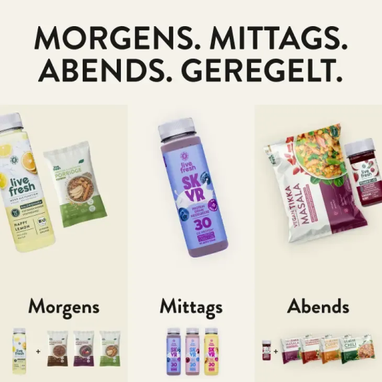 Tagesstruktur für das Abnehmbundle mit dem Slogan „Morgens. Mittags. Abends. Geregelt.“ Morgens gibt es Saft und Porridge, mittags Skyr Drinks und abends Fertiggerichte wie „Vegan Tikka Masala“ mit einem Shot. Die Produkte unterstützen eine einfache, ausgewogene Ernährung.