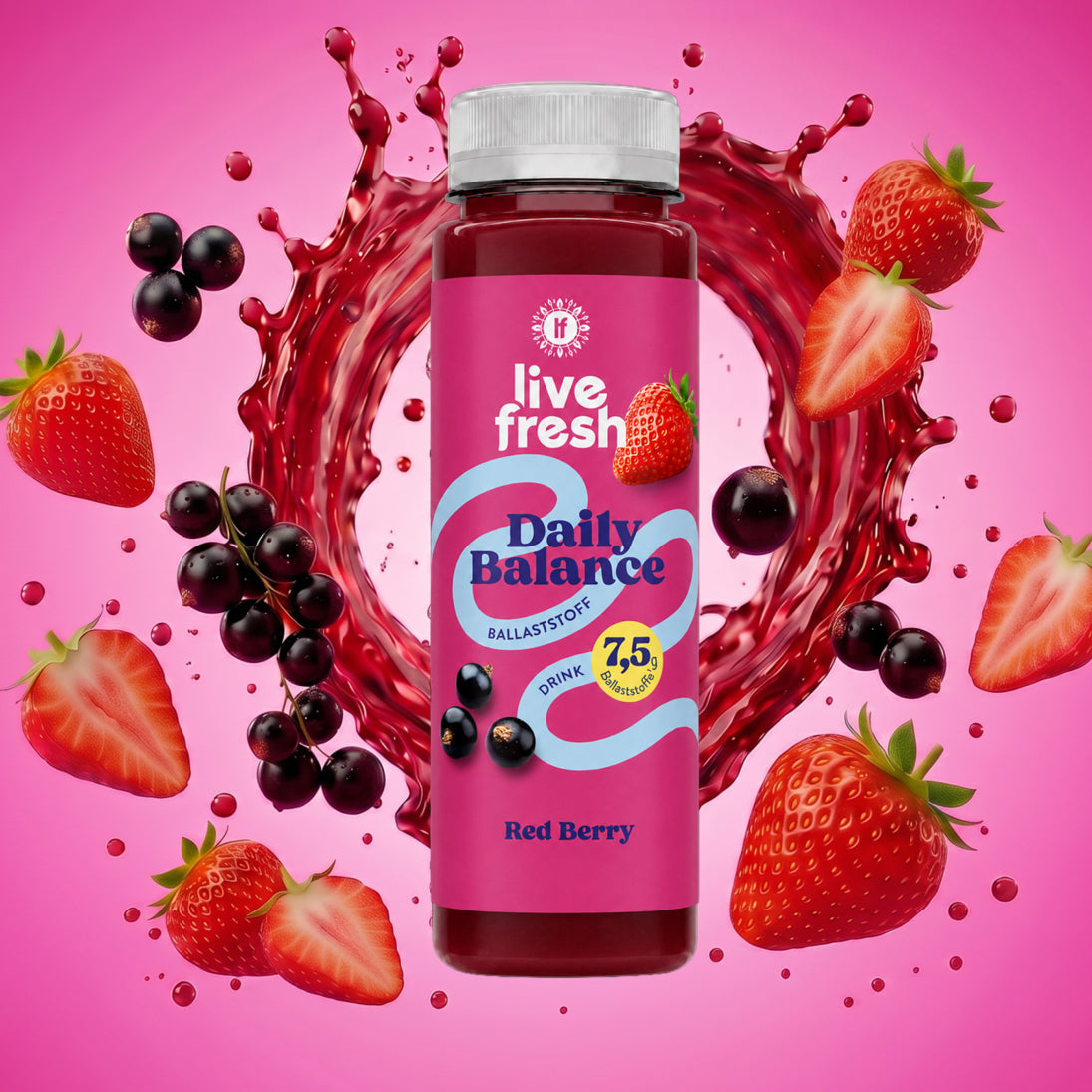 LiveFresh Daily Balance Ballaststoffquelle Drink Red Berry mit Erdbeeren und schwarzen Johannisbeeren und Saftswirl im Hintergrund