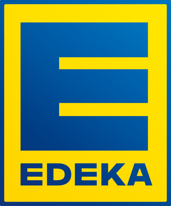 Blaues EDEKA Logo mit großem gelben Buchstaben E und Schriftzug "EDEKA". Bekannte Marke im deutschen Einzelhandel und Supermarkt.