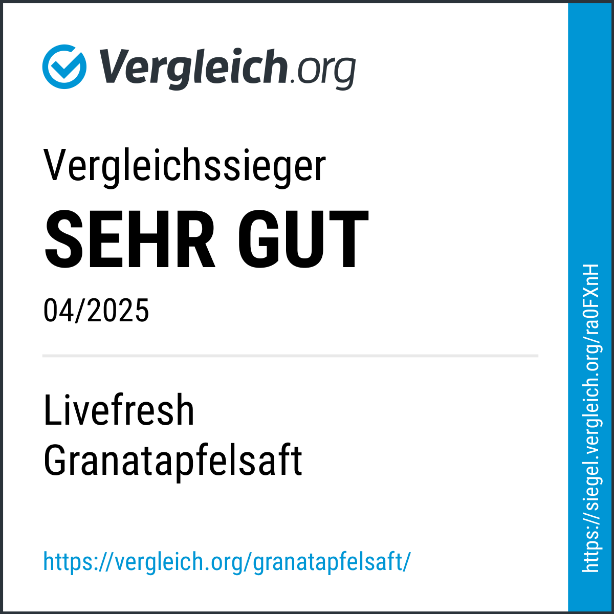 Vergleichssieger Badge von Vergleich.org für den LiveFresh Granatapfelsaft