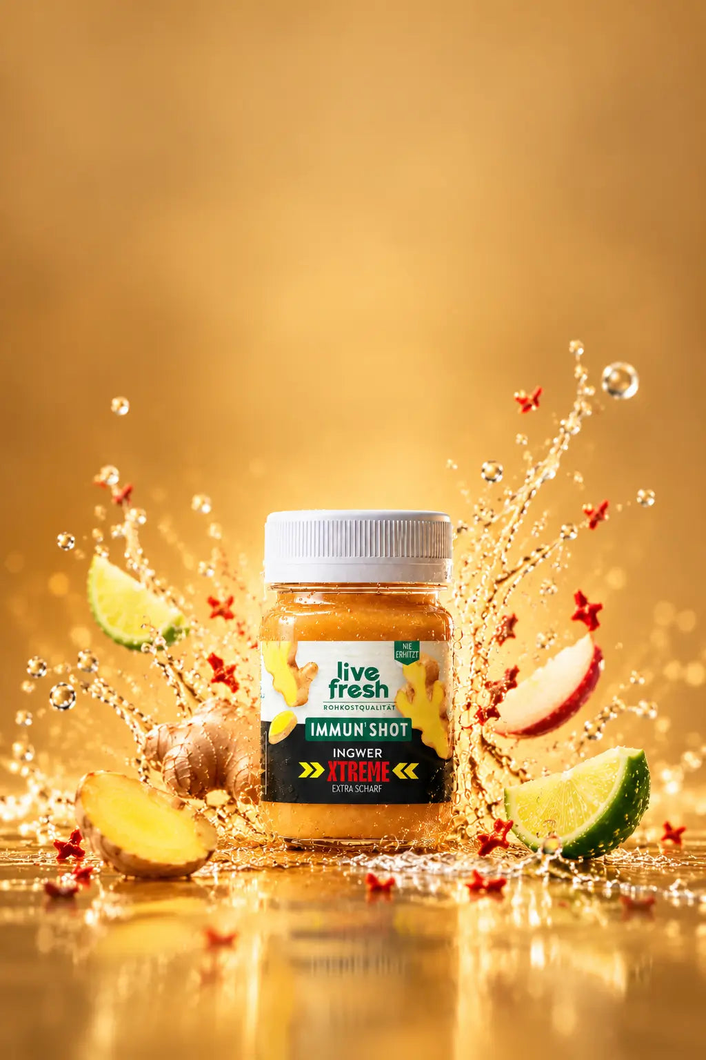 LiveFresh Immun Shot Ingwer Xtreme extra scharf mit frischem Ingwer, Limettenspalten und roten Chilistücken, umgeben von spritzenden Safttropfen vor einem goldenen Hintergrund.