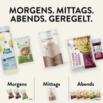 Produktübersicht mit dem Slogan „Morgens. Mittags. Abends. Geregelt.“ Oben abgebildet: LiveFresh Zitronenwasser, Porridge, Proteinmix, Vegan Tikka Masala und ein Vitamin-D+K2-Shot. Darunter visuelle Tagesstruktur: Morgens mit Saft und Porridge, mittags Proteinshake, abends warme Bowl mit Shot.