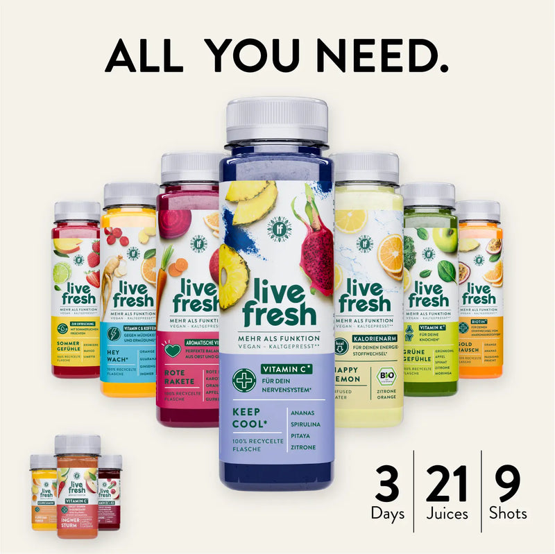Assortment of LiveFresh juices and shots featuring the same design, now labeled: 3 Days, 21 Juices, 9 Shots. Central image is the “Keep Cool” juice bottle.