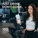 Woman in gym holding a LiveFresh shake bottle. Text highlights: min. 27g protein, 19 essential vitamins and nutrients, and 100% vegan, lactose- and gluten-free.