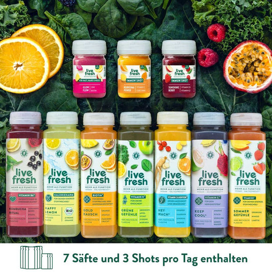 Saftkur von LiveFresh mit 7 verschiedenen Säften und 3 Shots, die pro Tag enthalten sind. Im Hintergrund sind Gemüseblätter, Orangenscheiben und eine aufgeschnittene Maracuja zu sehen. 