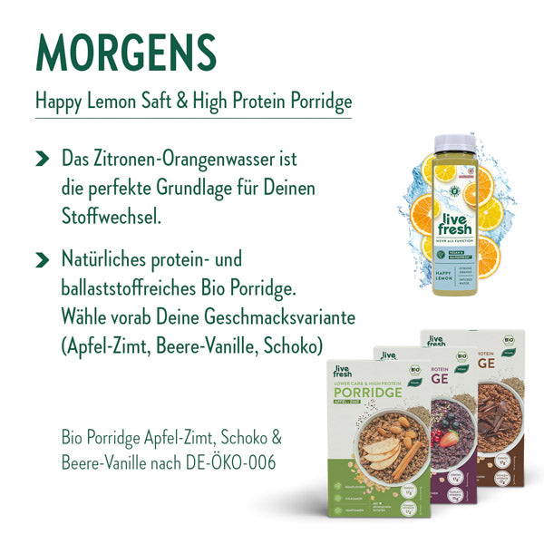 Zeigt eine Anleitung für die morgendliche Mahlzeit einer Food-Kur mit „Happy Lemon Saft“ und „High Protein Porridge“. Es hebt die Vorteile des Zitronen-Orangenwassers für den Stoffwechsel hervor und betont das natürliche, protein- und ballaststoffreiche Bio-Porridge. Es gibt drei Geschmacksvarianten zur Auswahl: Apfel-Zimt, Beere-Vanille und Schoko. Unten sind die Bio-Zertifikate der Produkte erwähnt. Ein Bild des „Happy Lemon Saft“ und der Porridge-Packungen ergänzt den Text visuell.