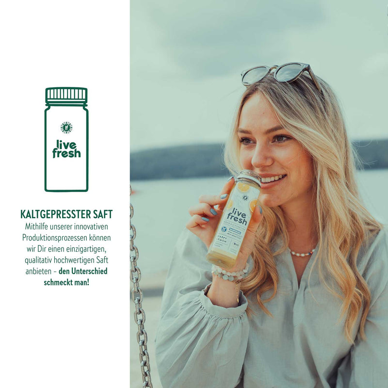 Junge Frau trinkt kaltgepressten LiveFresh Saft – Produktionsinfografik mit LiveFresh Logo und Slogan Den Unterschied schmeckt man – LiveFresh