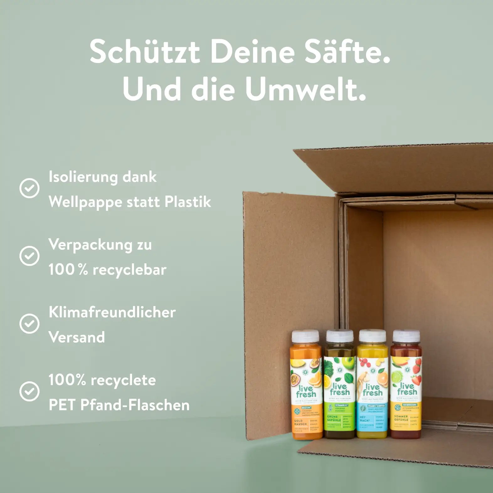 Offener Versandkarton mit vier bunten LiveFresh-Saftflaschen. Daneben Text über nachhaltige Verpackung: Isolierung durch Wellpappe statt Plastik, 100 % recycelbare Verpackung, klimafreundlicher Versand und 100 % recycelte PET-Pfandflaschen.