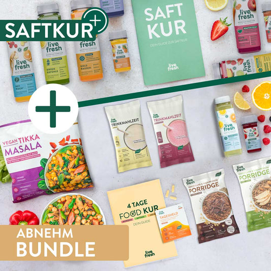 LiveFresh Abnehm-Bundle mit Säften, Trinkmahlzeiten, veganem Tikka Masala, Porridge, Nahrungsergänzungsmitteln und Guides zur Saft- und Food-Kur, arrangiert auf hellem Hintergrund.