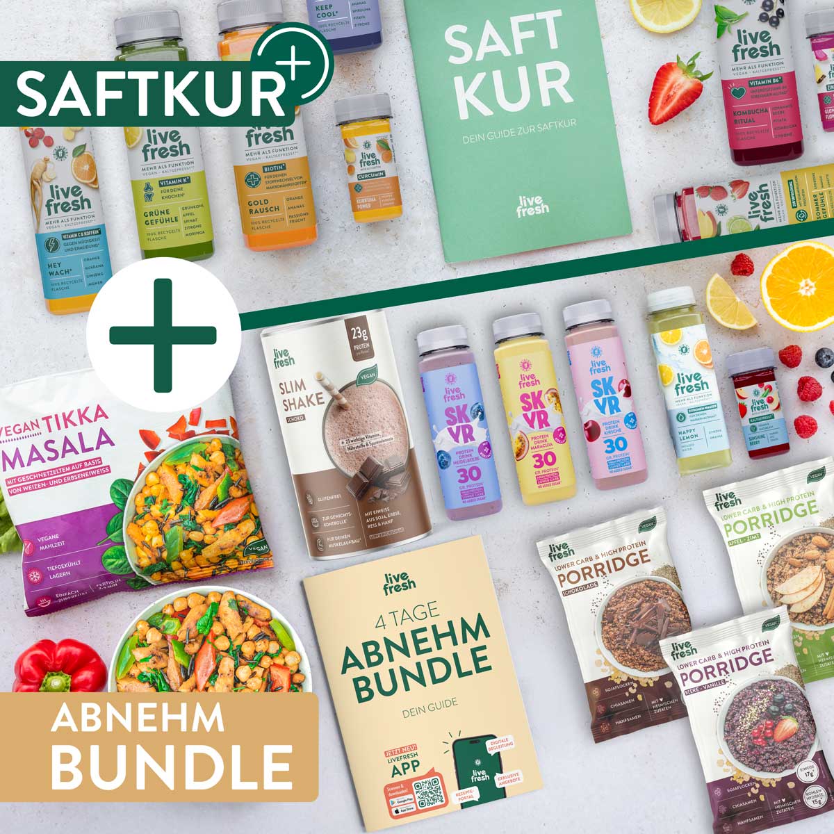 LiveFresh Abnehm Bundle mit Saftkur Getränken Slim Shake veganer Tikka Masala Mahlzeit und Protein Porridge übersichtlich auf hellem Hintergrund arrangiert. Die verschiedenen Flaschen Shakes und Lebensmittel zeigen ein 4 Tage Abnehmprogramm mit frischen Zutaten wie Zitrone Erdbeeren und Beeren.